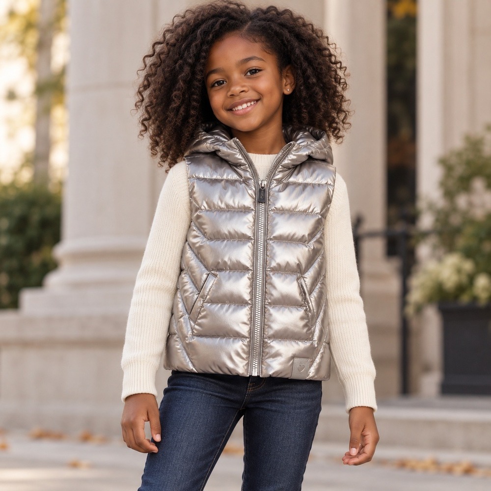Mayoral Puffer Vest Metallic Silver Quilted Hooded Kids Zip Up Outerwear